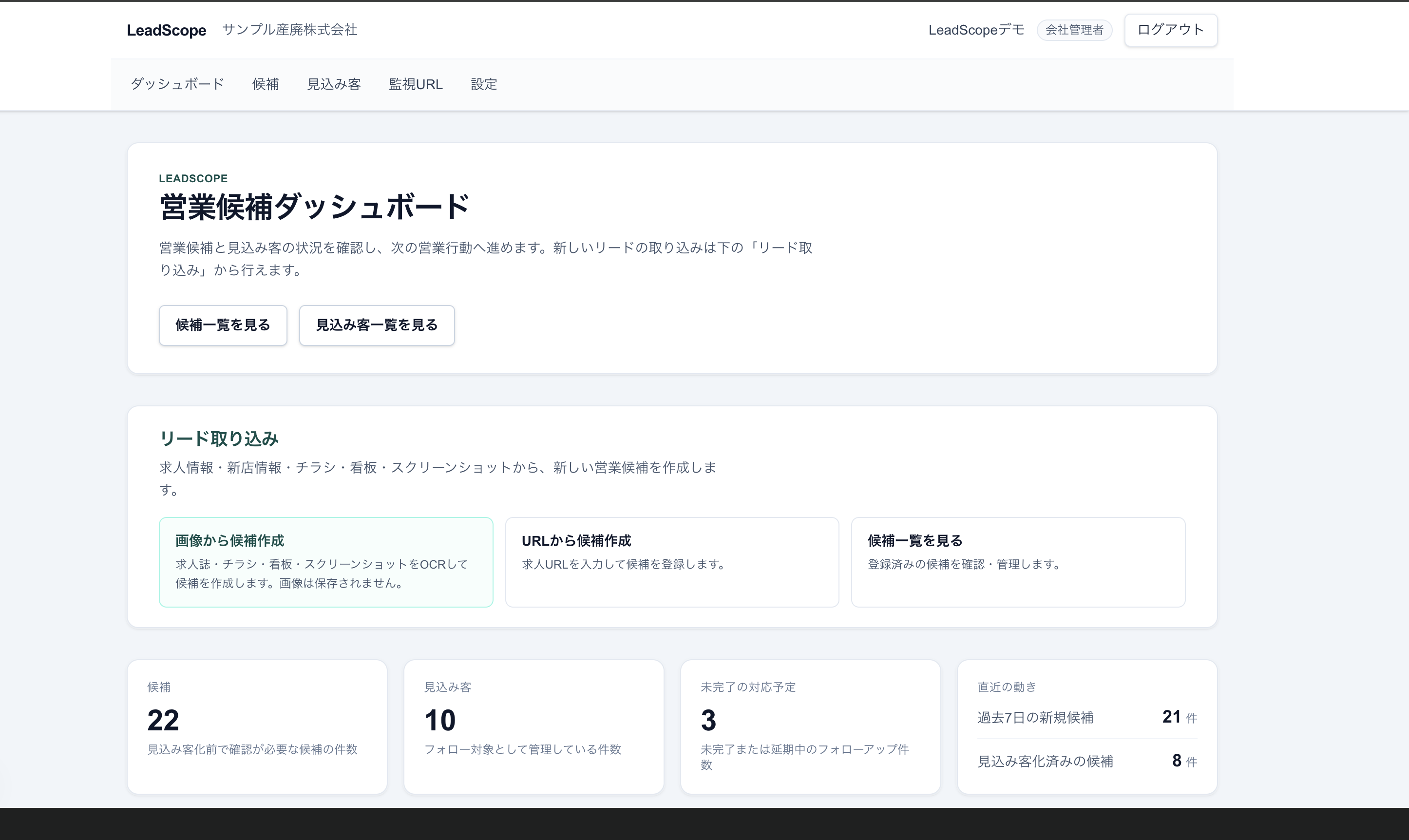 LeadScopeのダッシュボード画面。候補・見込み客・対応予定の全体像を一目で把握